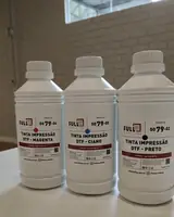 Garrafas de 1 litro de tinta DTF têxtil Full Tex nas cores magenta, ciano e preto