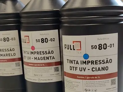 Garrafas de 1 litro de tinta DTF UV Full Tex nas cores ciano, magenta e amarelo