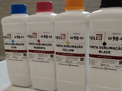 Quatro garrafas de 1 litro de tinta de sublimação Full Tex: ciano, magenta, amarelo e preto